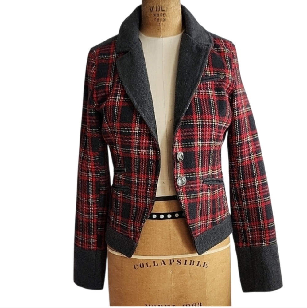 Dollhouse Junior Red and Charcoal Tartan Plaid Blazer S Y2K Schoolgirl Fitted
